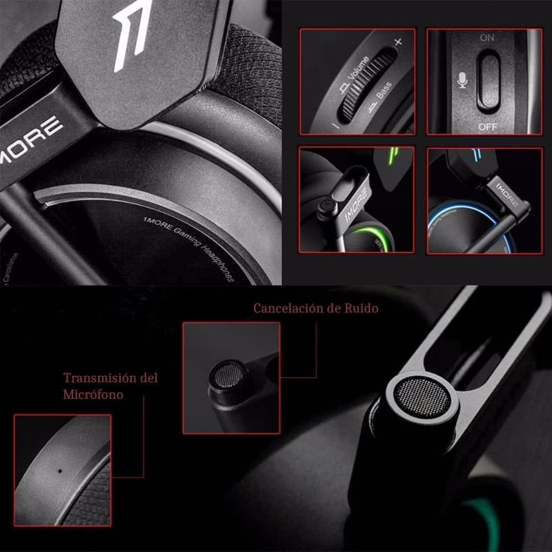 Casque gaming 1More Spearhead VR H1005 7.1 avec arceau métal, coussinets volumineux, anneaux LED, micro rétractable, réglage volume et interrupteur mute