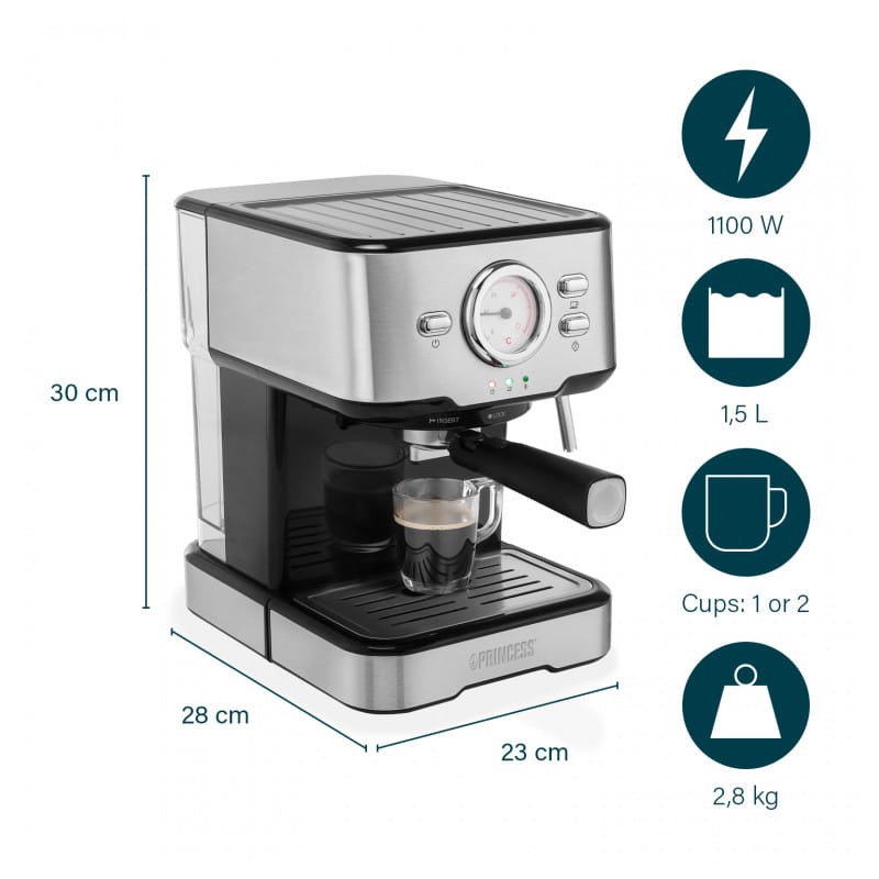 Princess 249412 Manual 1100W 1,5L Noir, Acier inoxydable - Cafetière Espresso - Ítem6