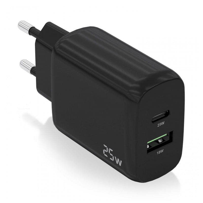 Cargador Doble de Alta Eficiencia 25W Aisens 1xUSB Tipo-C / 1xUSB Negro - Ítem