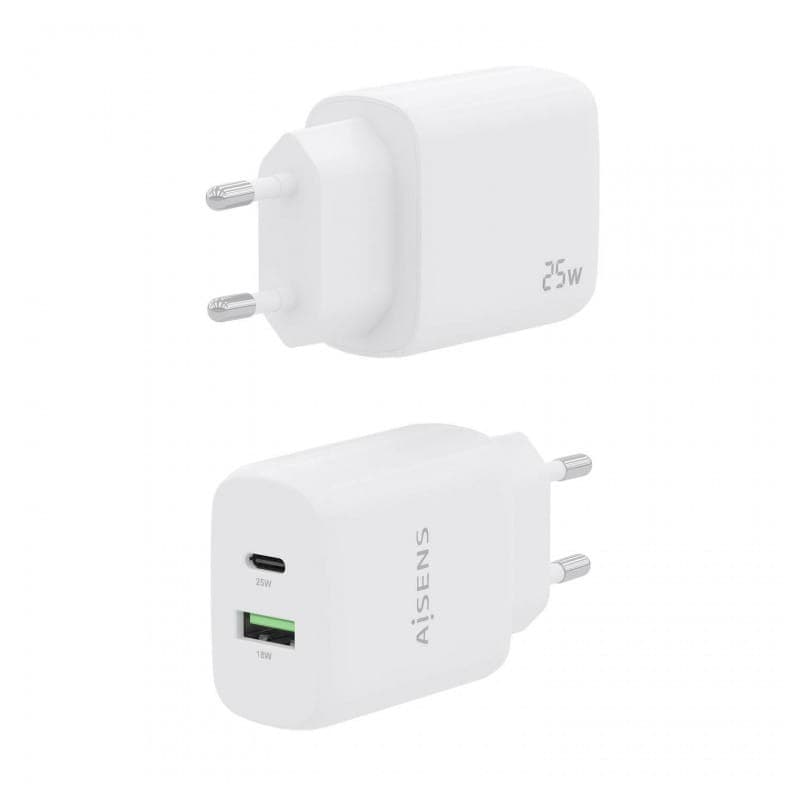 Carregador duplo de alta eficiência Aisens 25W 1xUSB Type-C / 1xUSB Branco imagem frontal e traseira