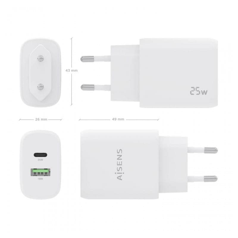 Carregador duplo de alta eficiência Aisens 25W 1xUSB Type-C / 1xUSB Branco imagem das suas medidas