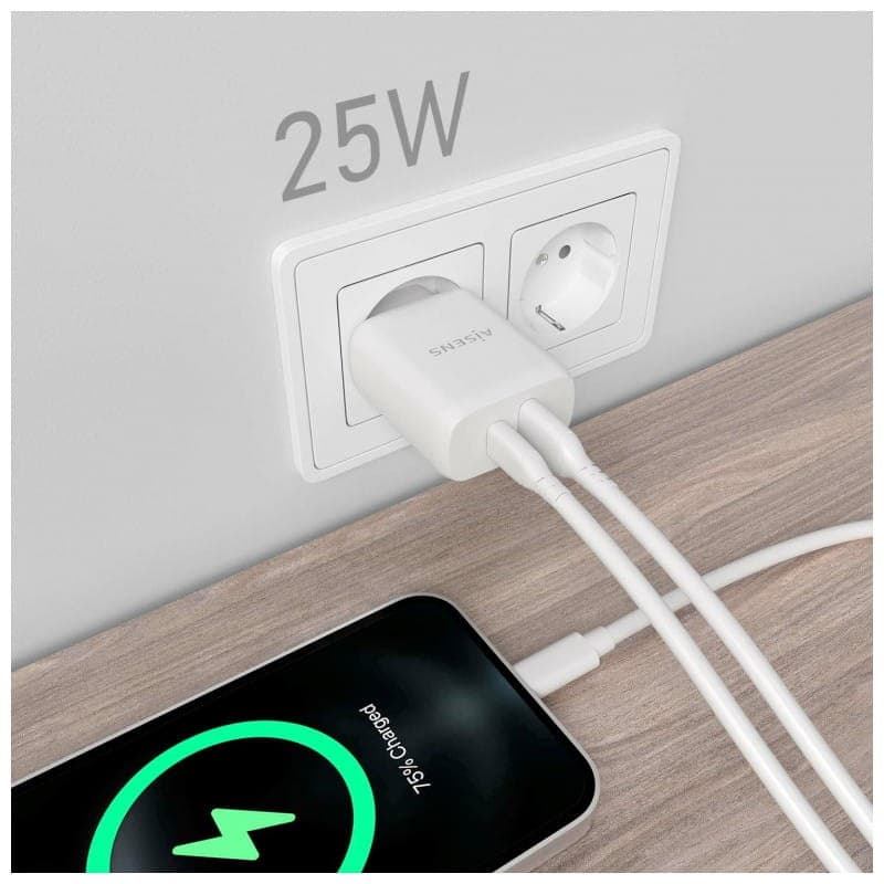 Carregador duplo de alta eficiência Aisens 25W 1xUSB Type-C / 1xUSB Branco imagem real