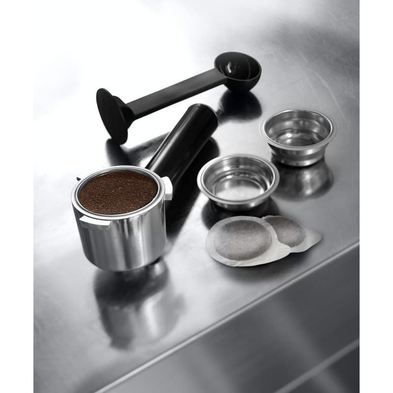 Portafiltro metálico con café molido, prensador, cuchara medidora y cestas de filtro dobles para la DeLonghi EC 685.M, compatibles con monodosis ESE