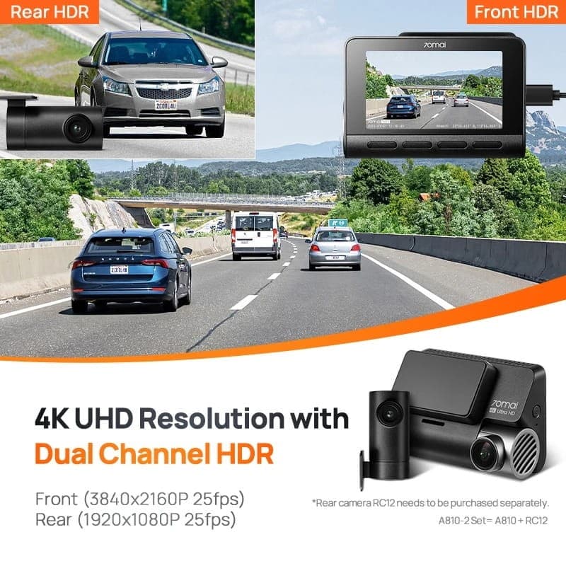 70mai Dash Cam 4K A810S + Cámara Trasera 70mai RC24 - doble canal