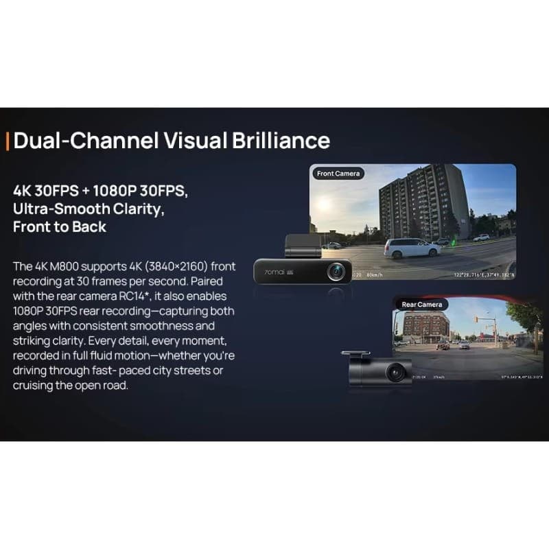 70mai Dash Cam M800 4K HDR + Câmara traseira 70mai RC14 - sistema de canal duplo