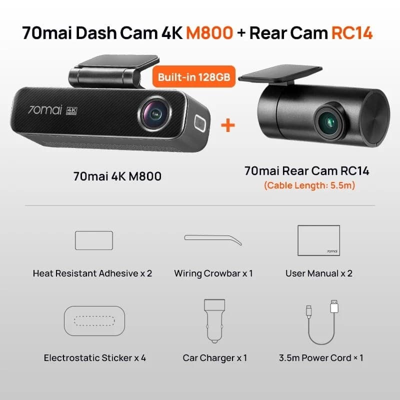 70mai Dash Cam M800 4K HDR + Câmara traseira 70mai RC14 - conteúdo da caixa
