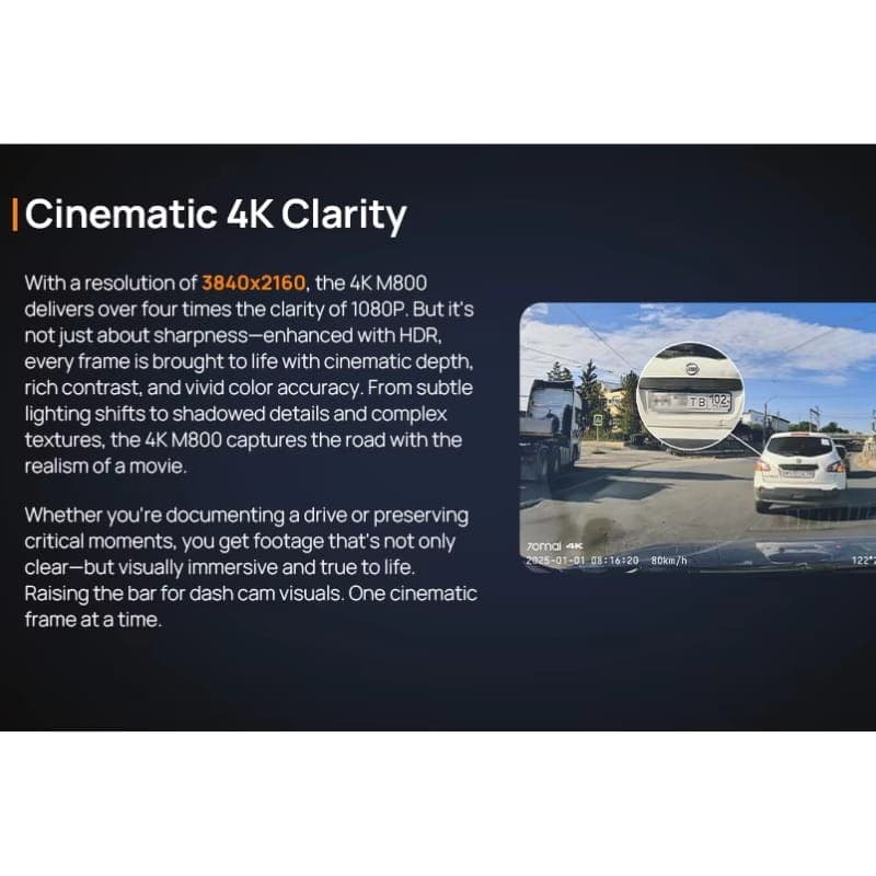 70mai Dash Cam M800 4K HDR + Camara Trasera 70mai RC14 - resolución 4K