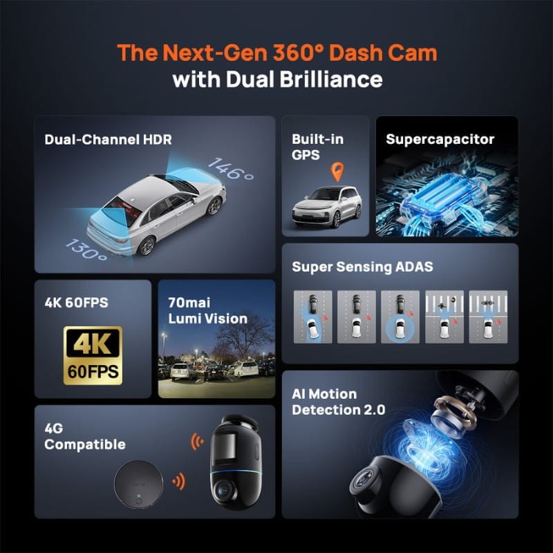 70mai Omni X800-2 128Go + caméra arrière 4K WiFi/4G Noir - Ítem1