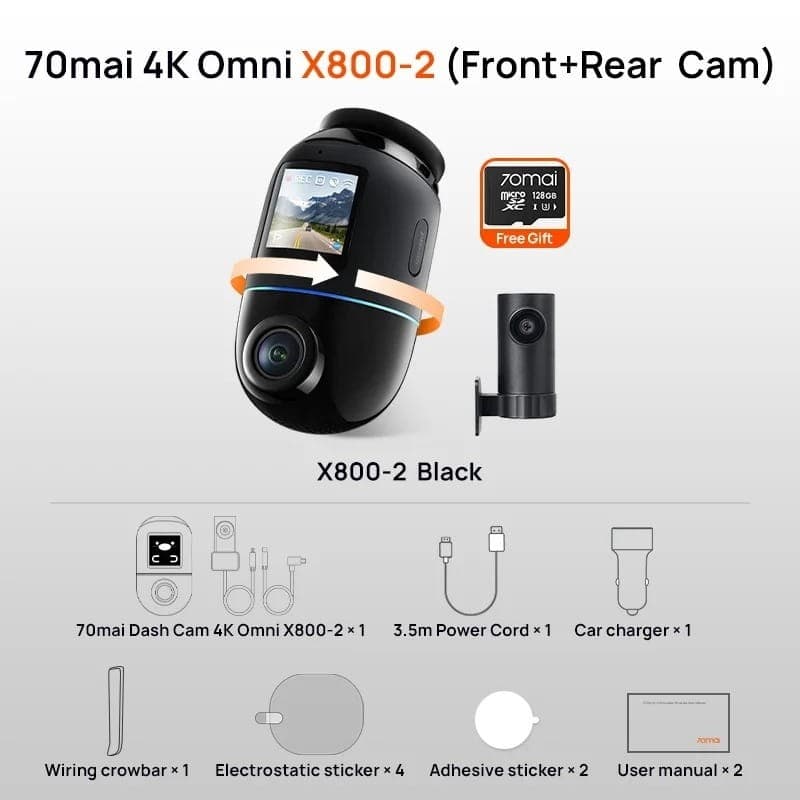 70mai Omni X800-2 128Go + caméra arrière 4K WiFi/4G Noir - contenu de la boîte