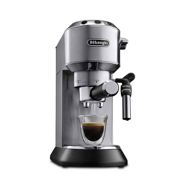 DeLonghi EC 685.M Cafetera Espresso de acero inoxidable, diseño compacto, portafiltro doble, vaporizador lateral para cappuccino, base negra y taza de espresso