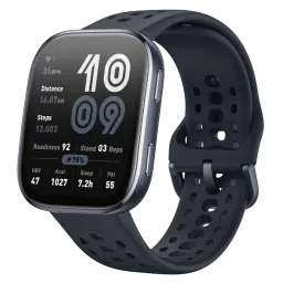 Amazfit Bip 6 Negro con pantalla rectangular curva, correa perforada de silicona gris oscuro y esfera con métricas de salud y deporte en alto contraste