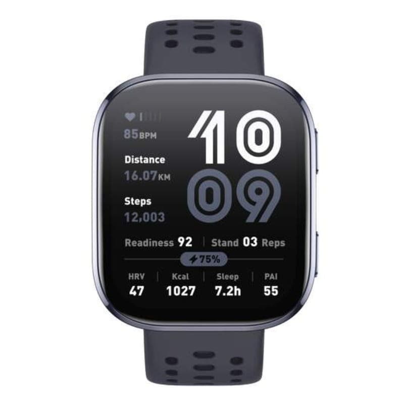Amazfit Bip 6 Negro con pantalla rectangular grande, bordes redondeados y correa perforada. Muestra pasos, distancia, ritmo cardíaco, batería y sueño.