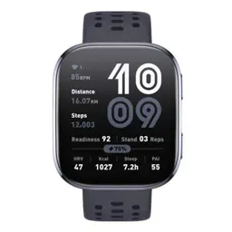 Amazfit Bip 6 Negro con pantalla rectangular grande, bordes redondeados y correa perforada. Muestra pasos, distancia, ritmo cardíaco, batería y sueño.