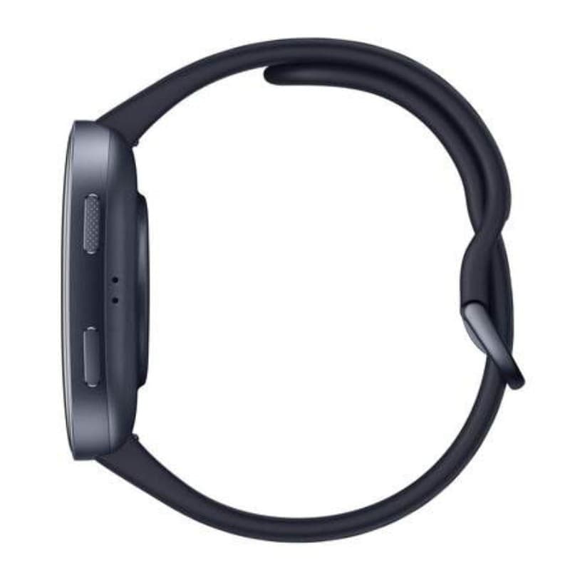 Amazfit Bip 6 Negro visto de perfil: caja rectangular delgada, botón lateral texturizado, correa de silicona negra curvada y cierre seguro