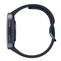Amazfit Bip 6 Negro visto de perfil: caja rectangular delgada, botón lateral texturizado, correa de silicona negra curvada y cierre seguro