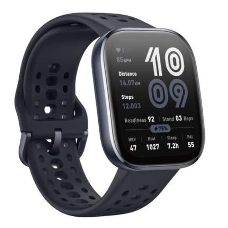 Amazfit Bip 6 Negro con pantalla cuadrada, correa de silicona perforada y bordes curvos; muestra ritmo cardíaco, distancia, pasos y estadísticas de actividad