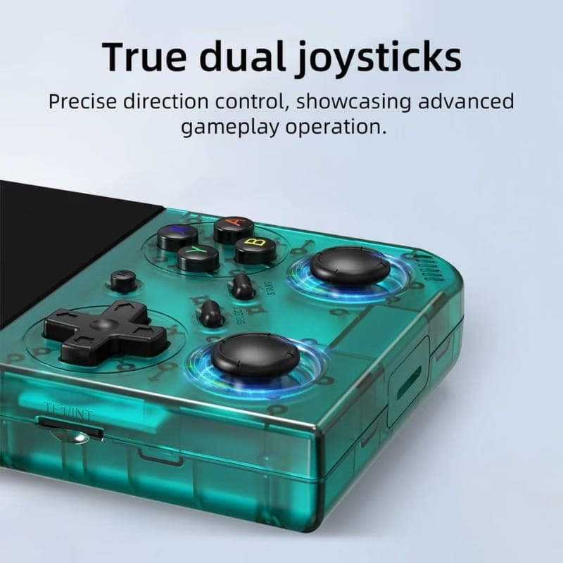 Anbernic RG35XX Pro 64GB Negro con doble joystick real, cruceta y botones ABXY iluminados, carcasa translúcida verde y diseño portátil para control preciso