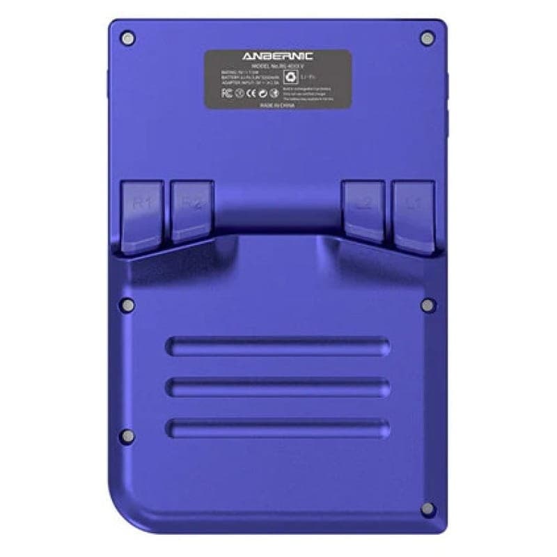 Consola Retro Portátil Anbernic RG40XX V 64GB Azul vista trasera con tapa azul metálica, cuatro gatillos L1 L2 R1 R2, ranuras de ventilación y placa de datos