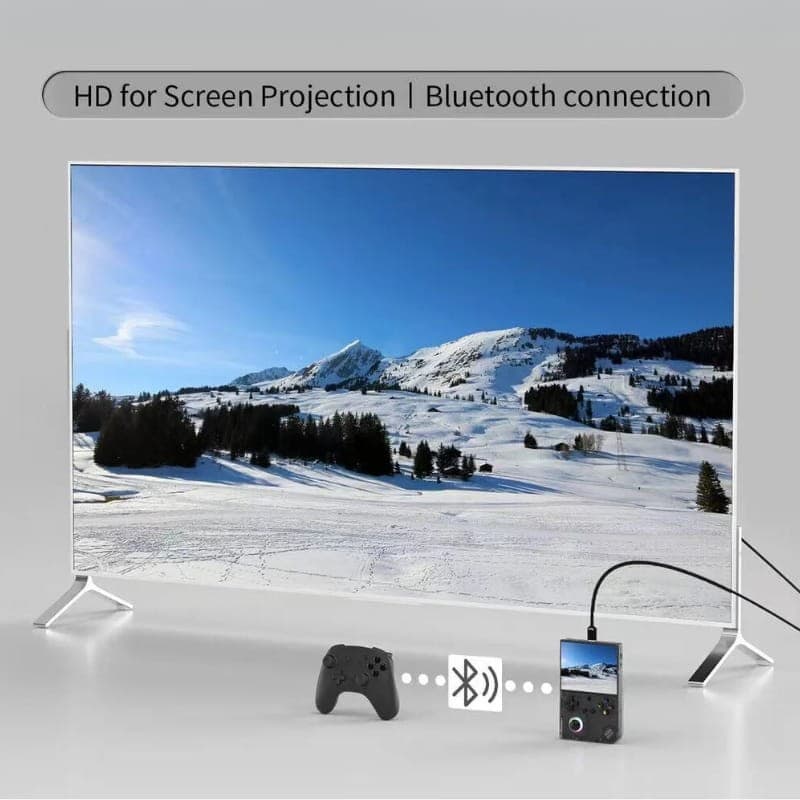 Consola Retro Portátil Anbernic RG40XX V 64GB Azul conectada por cable a TV, proyección HD y enlace Bluetooth; pantalla con paisaje nevado en exhibición
