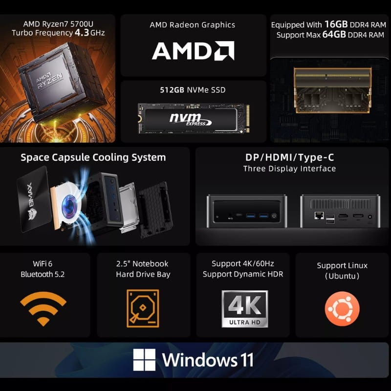 BMAX MaxMini B5 A Pro AMD Ryzen7 5700U/16GB/512GB SSD Win 11 Preto - Item4