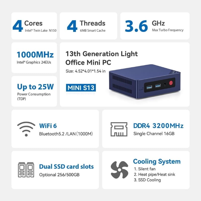 Beelink MINI S13 Pro Intel N150/16GB/500GB SSD Cor Azul - Item1