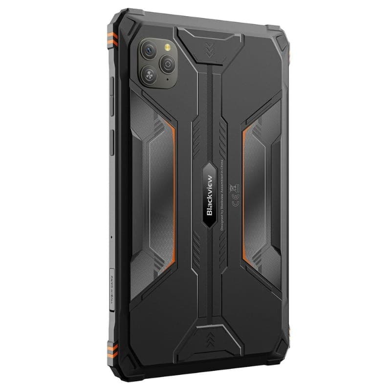 Tablet Blackview Active 5 rugerizada en color naranja y negro, trasera robusta con refuerzos, triple cámara trasera y bordes reforzados para uso extremo