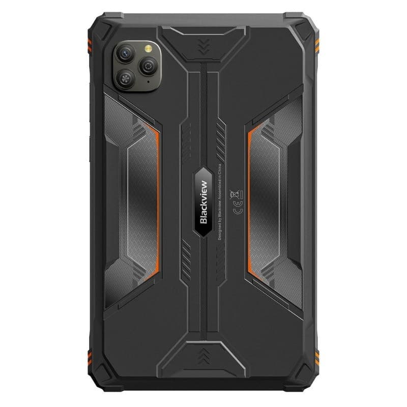 Tableta Blackview Active 5 rugerizada en color negro con detalles naranjas, carcasa robusta antigolpes, esquinas reforzadas y módulo trasero de triple cámara