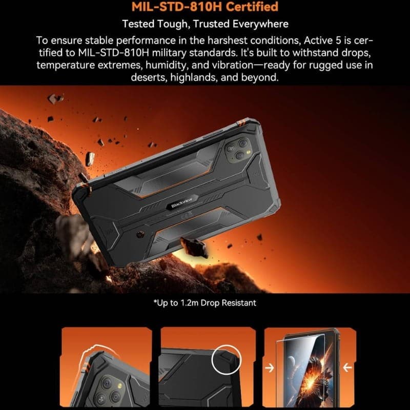 Blackview Active 5 negro robusto con carcasa rugerizada, esquinas reforzadas y cámara trasera dual; pantalla protegida y resistencia a caídas hasta 1,2 m