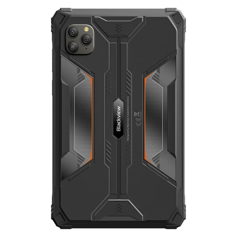 Tableta Blackview Active 5 negra robusta con carcasa antigolpes, detalles naranjas y panel trasero texturizado con módulo de cámara triple en esquina superior