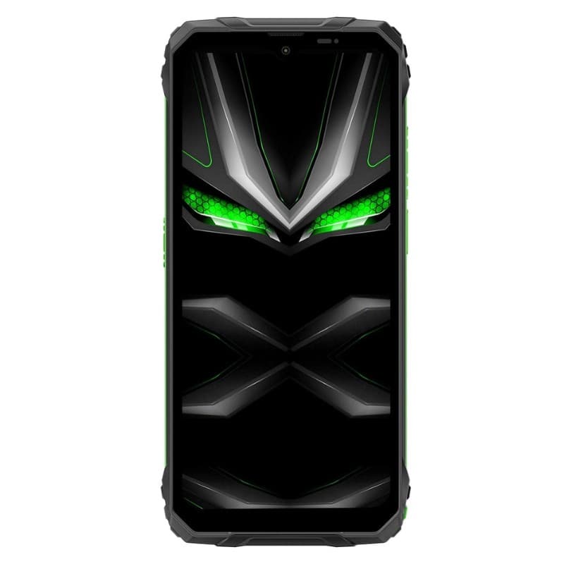 Blackview Fort 1 verde resistente con diseño robusto, bordes reforzados y acentos en negro y verde, pantalla frontal con patrón X y detalles luminosos