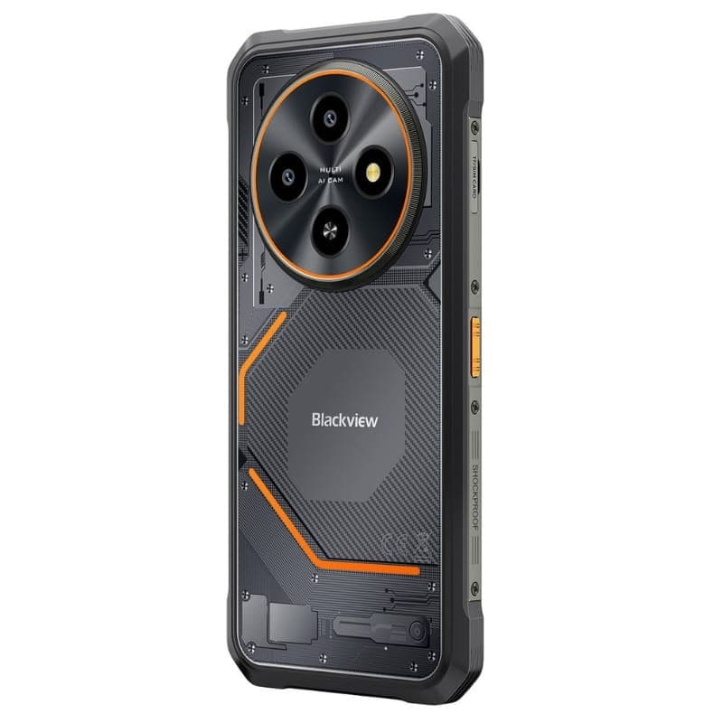 Blackview Fort 2 6GB/128GB Dual SIM Negro Rugged con trasera robusta negro y naranja, módulo de triple cámara circular y carcasa antigolpes con tapas