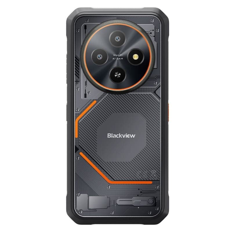 Blackview Fort 2 6GB/128GB Dual SIM negro rugerizado con tapa trasera texturizada, marcos reforzados, aro naranja y triple cámara trasera circular