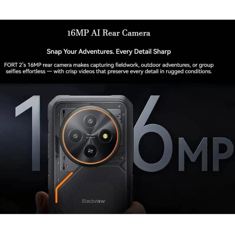 Blackview Fort 2 6GB/128GB Dual SIM negro rugged con cámara trasera AI de 16 MP, módulo circular con 4 lentes y aro naranja, diseño robusto antigolpes
