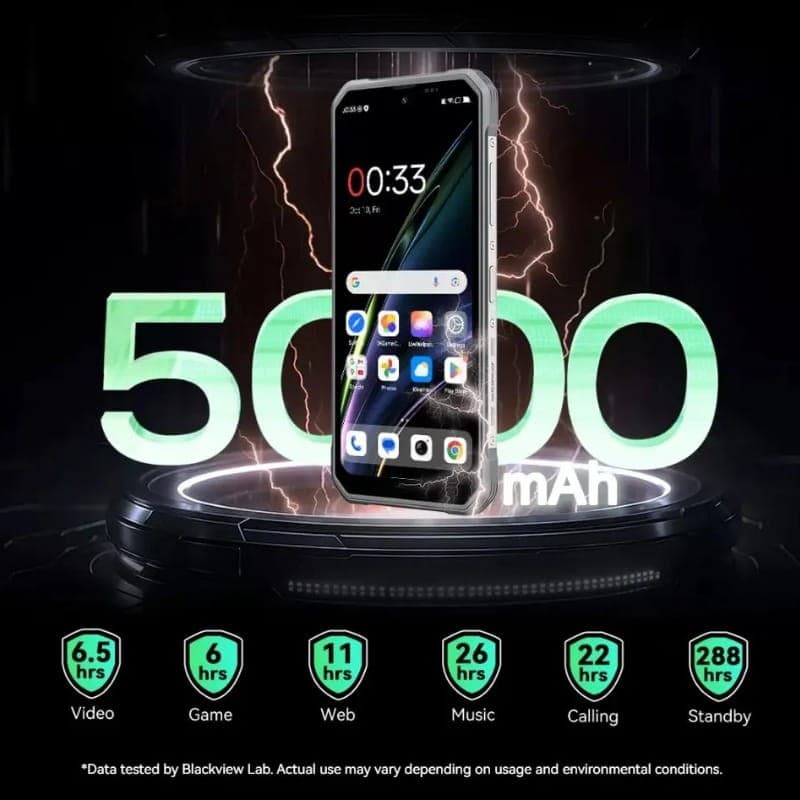 Blackview Fort 2 6GB/128GB Dual SIM negro resistente, pantalla con biseles robustos, batería 5000 mAh destacada, iconos de apps en display iluminado