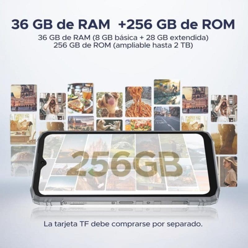 Doogee Blade 10 Ultra Energy 8GB/128GB Negro Rugged con pantalla grande, notch en V y marco reforzado; destaca texto 256GB y galería de fotos al fondo.
