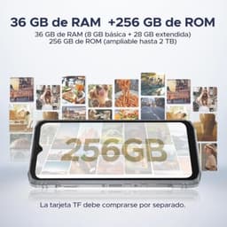 Doogee Blade 10 Ultra Energy 8GB/128GB Negro Rugged con pantalla grande, notch en V y marco reforzado; destaca texto 256GB y galería de fotos al fondo.