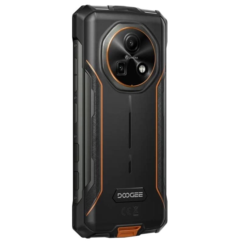 Doogee Fire 5 3Go/64Go Orange Rugged vu de dos, coque noire renforcée avec accents orange, module photo circulaire triple, design antichoc robuste IP68/IP69K