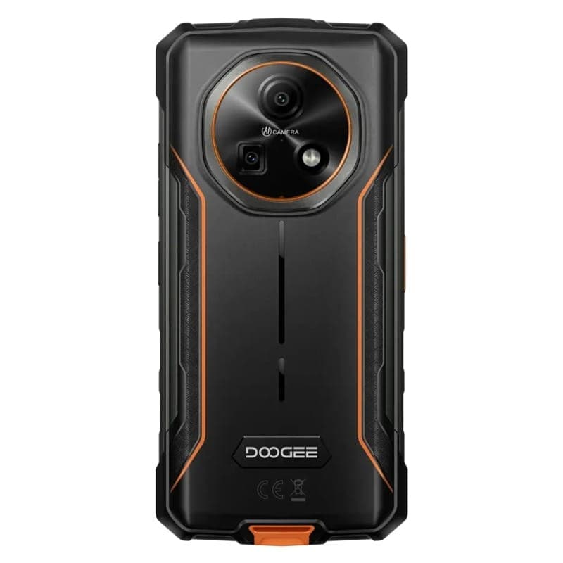 Doogee Fire 5 3Go/64Go Orange Rugged vu de dos, coque noire robuste avec accents orange, module photo rond triple, logo Doogee, bords renforcés CE visible