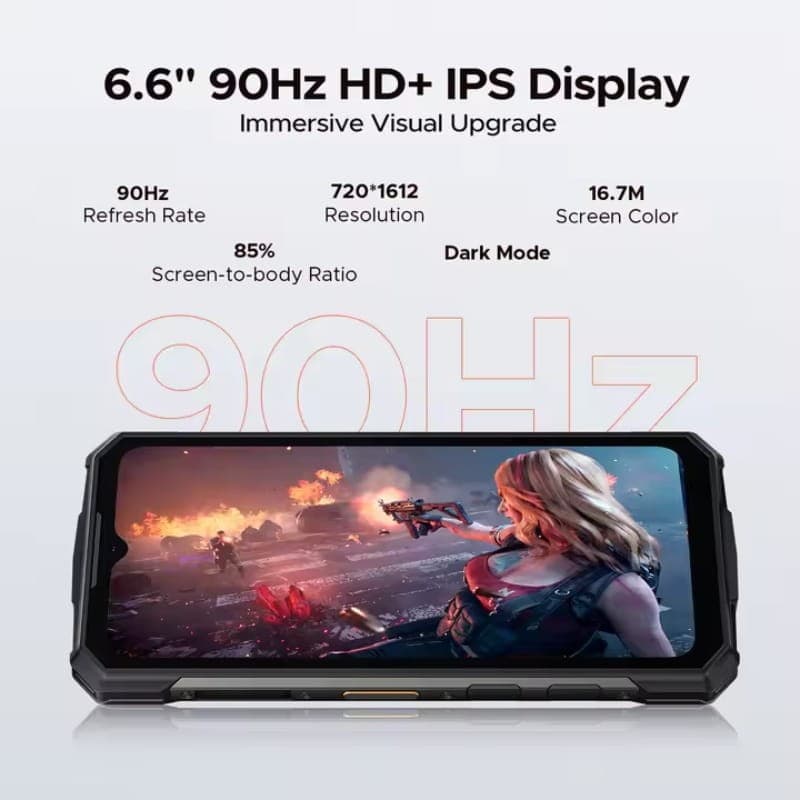 Doogee Fire 5 3Go/64Go Orange Rugged avec écran 6,6 pouces HD+ IPS 90 Hz, bords robustes noirs, mode sombre, ratio écran 85 pourcent, couleurs vives 16,7 M
