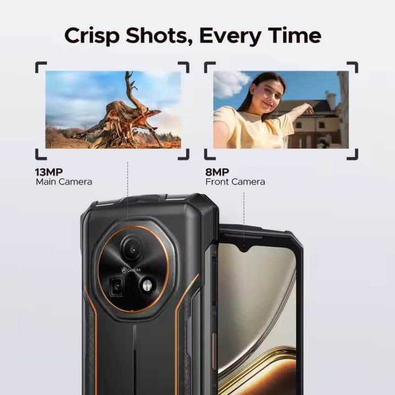 Doogee Fire 5 3Go/64Go Orange Rugged avec coque robuste noire et accents orange, écran avec encoche goutte, module photo rond 13 MP et caméra frontale 8 MP