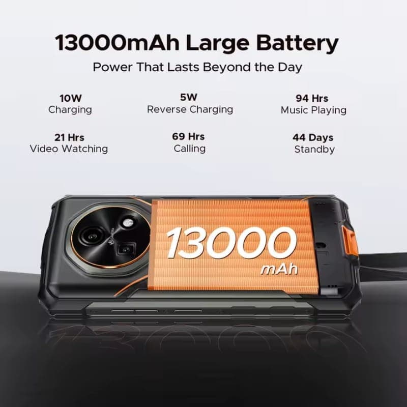 Doogee Fire 5 3Go/64Go Orange Rugged avec batterie 13000 mAh, dos texturé orange, module photo circulaire, accents noirs et orange, design robuste