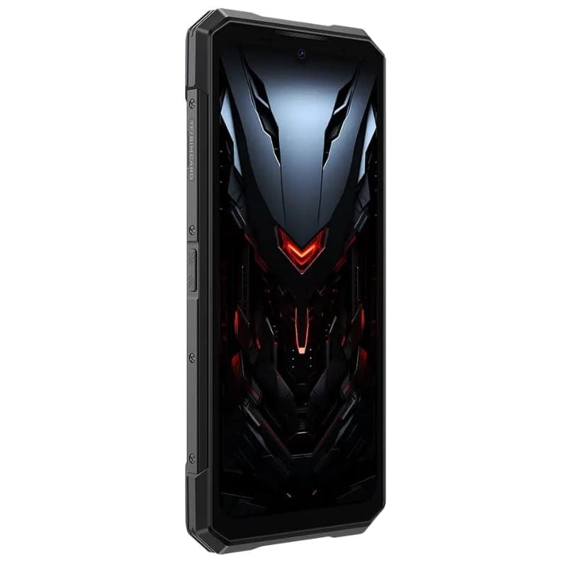 Smartphone Doogee S200 Plus doré, design robuste avec bords renforcés, grand écran bord à bord, motifs futuristes noirs et rouges, bouton latéral visible