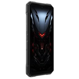 Smartphone Doogee S200 Plus doré, design robuste avec bords renforcés, grand écran bord à bord, motifs futuristes noirs et rouges, bouton latéral visible