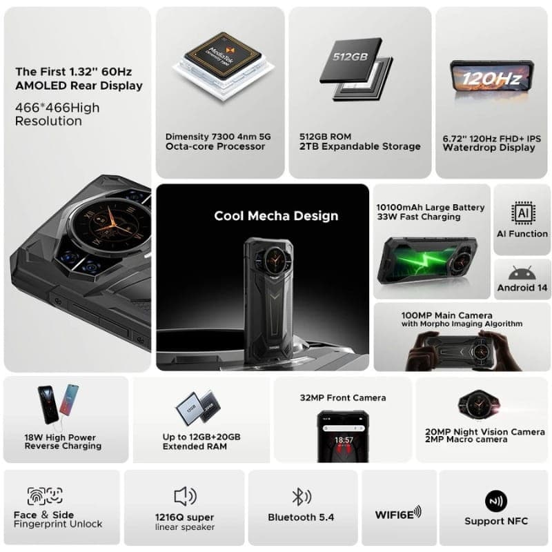 Doogee S200 Plus doré robuste avec écran arrière AMOLED 1,32 60 Hz, triple caméra 100 MP, 16 Go RAM, 512 Go, batterie 10800 mAh, 120 Hz IPS, NFC, 5G