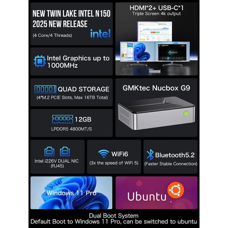 GMKtec NucBox G9 Intel Twin Lake N150/12GB LPDDR5 RAM/64GB eMMC/1TB SSD M.2 /Quatro compartimentos e sistema duplo/W11 - Item3