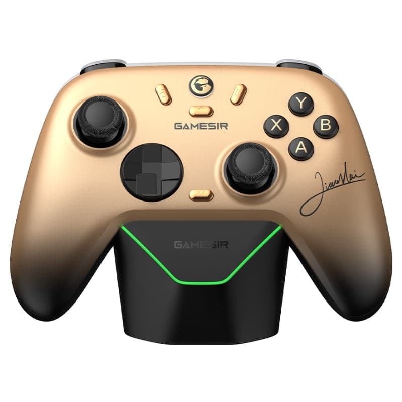 Manette GameSir Nova 2 Lite Édition Champion Doré avec finition or mate, boutons ABXY noirs, croix directionnelle, joysticks analogiques et base de charge