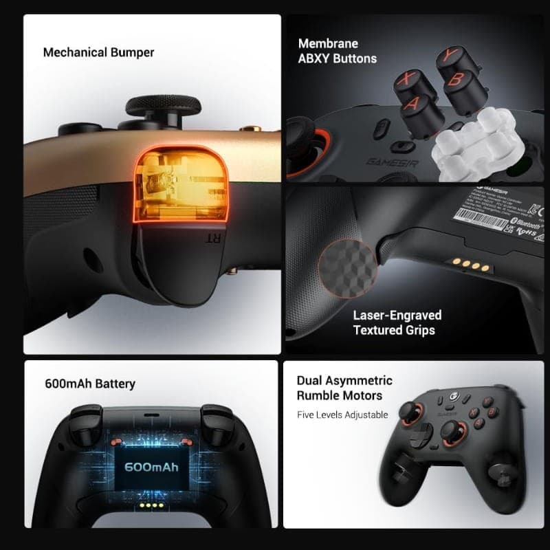 Manette GameSir Nova 2 Lite Édition Champion Doré avec coque dorée, poignées texturées gravées, boutons ABXY membrane, gâchettes mécaniques, moteurs
