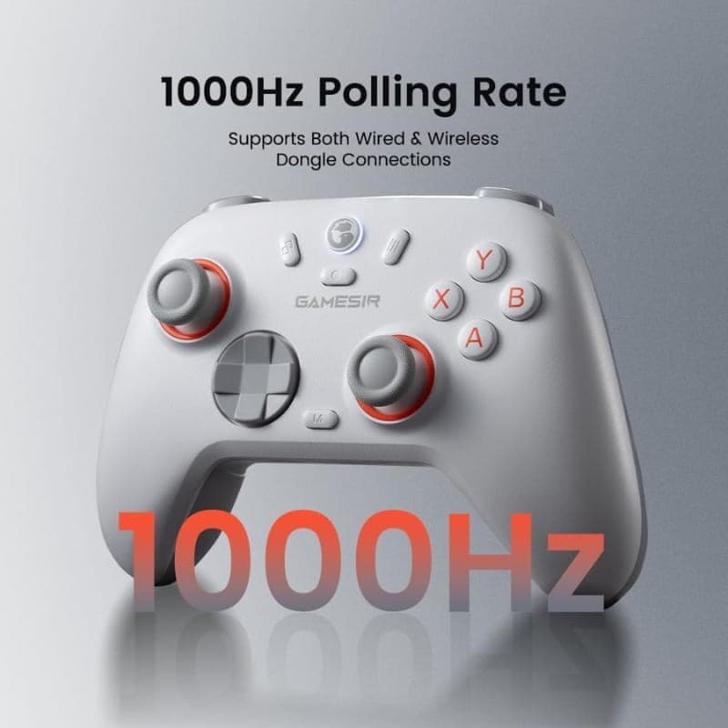 Manette GameSir Nova 2 Lite Édition Champion Doré blanche avec accents orange, sticks asymétriques, croix directionnelle grise, connectivité filaire et
