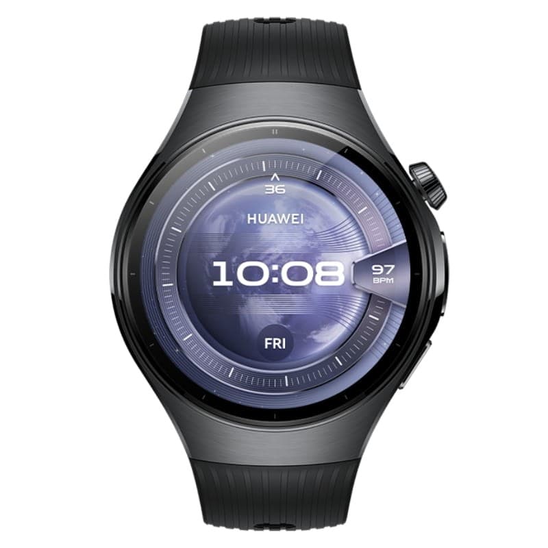 Huawei Watch 5 46 mm Preto com caixa metálica escura, mostrador circular digital com detalhes futuristas, botão lateral e pulseira preta texturizada