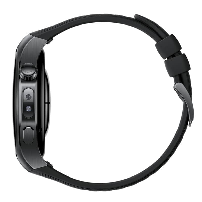 Huawei Watch 5 46 mm Preto visto de lado, corpo metálico escuro, coroa texturizada, dois botões laterais e pulseira de silicone preta com fivela
